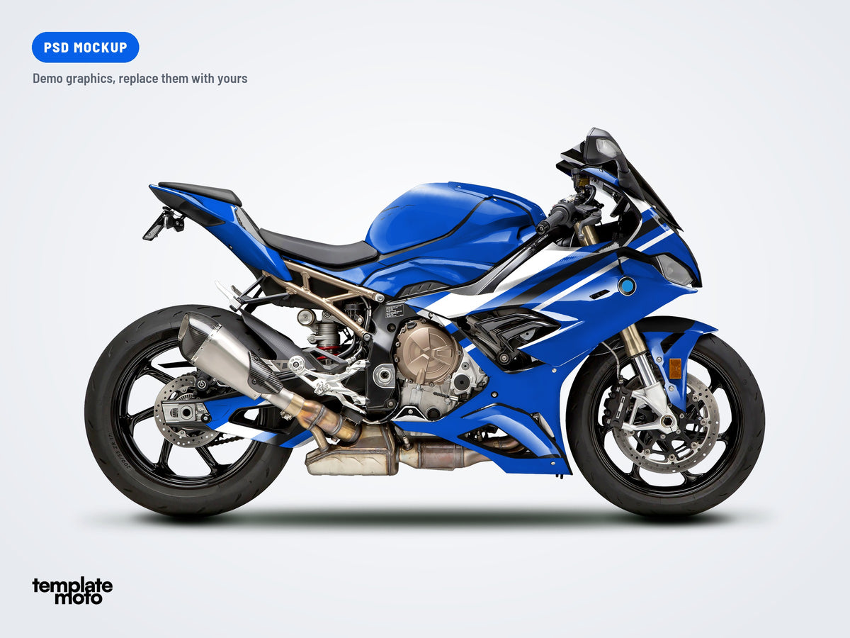 BMW S1000RR 2019-2022 PSD mockup with the TemplateMoto demo graphics kit