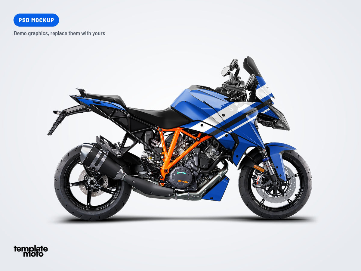 KTM Super Duke 1290 GT 2019-2024 PSD mockup with the TemplateMoto demo graphics kit