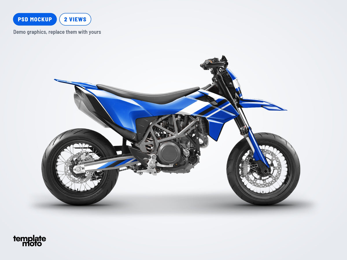 KTM 690 SMC R 2019-2024 PSD mockup with the TemplateMoto demo graphics kit