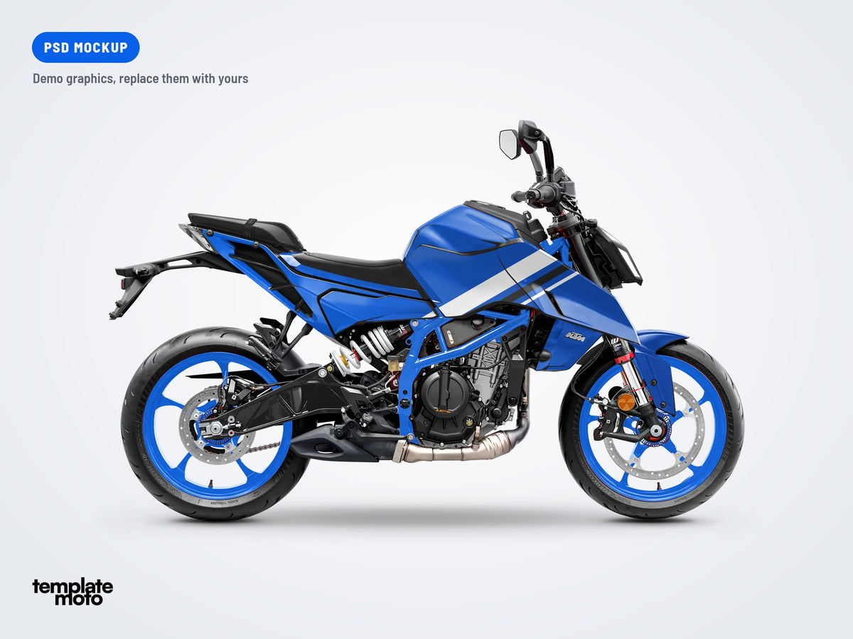KTM 390 Duke 2024 PSD mockup with the TemplateMoto demo graphics kit