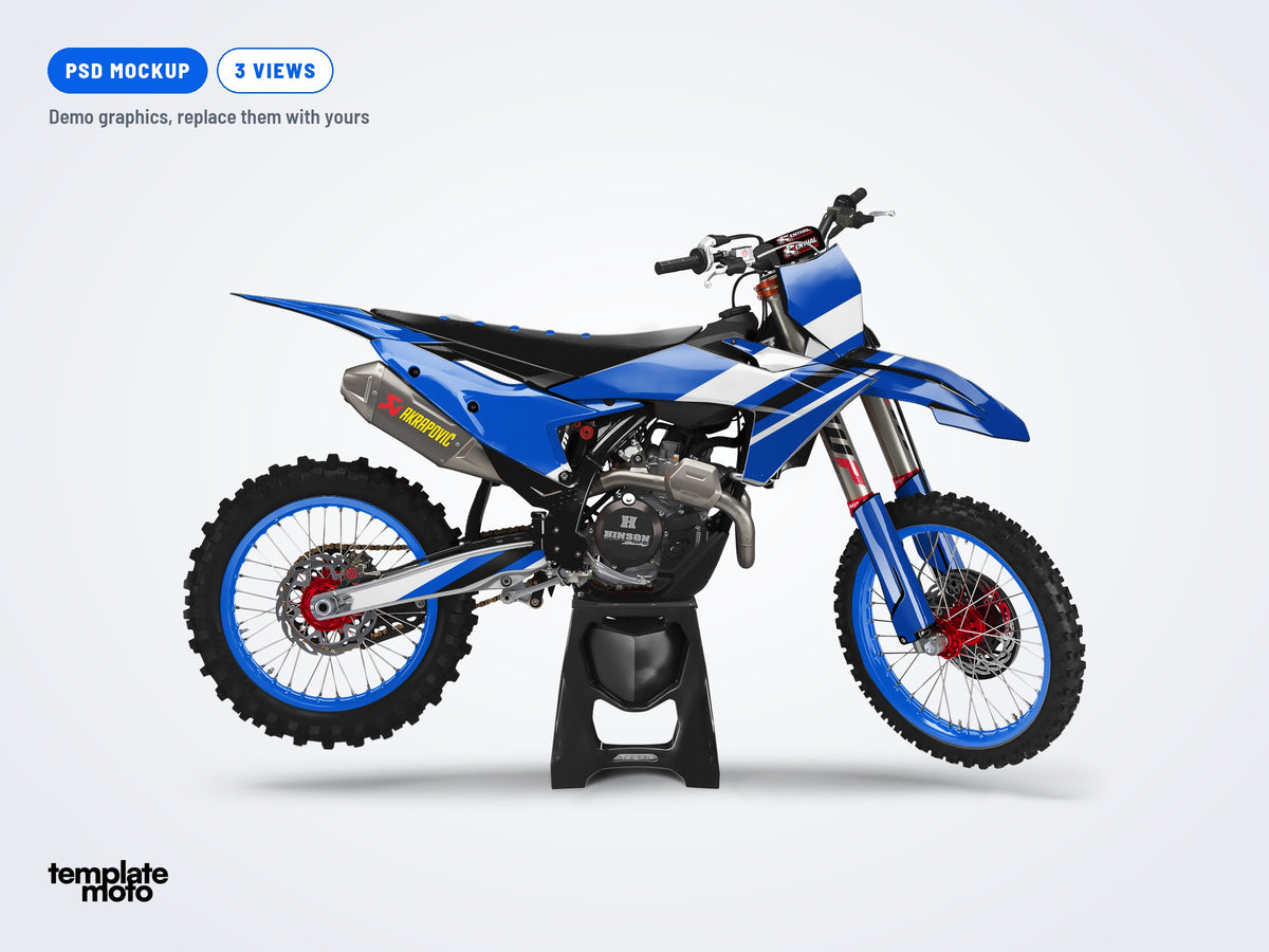 KTM SX SXF 2023-2025 and EXC 2024-2026 PSD mockup with the TemplateMoto demo graphics kit