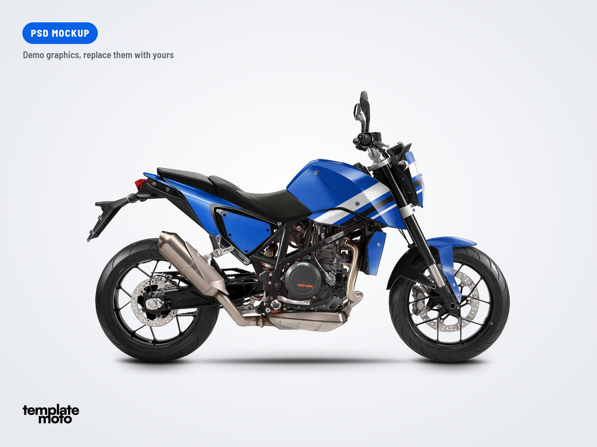 KTM 690 Duke 2012-2019 PSD mockup with the TemplateMoto demo graphics kit
