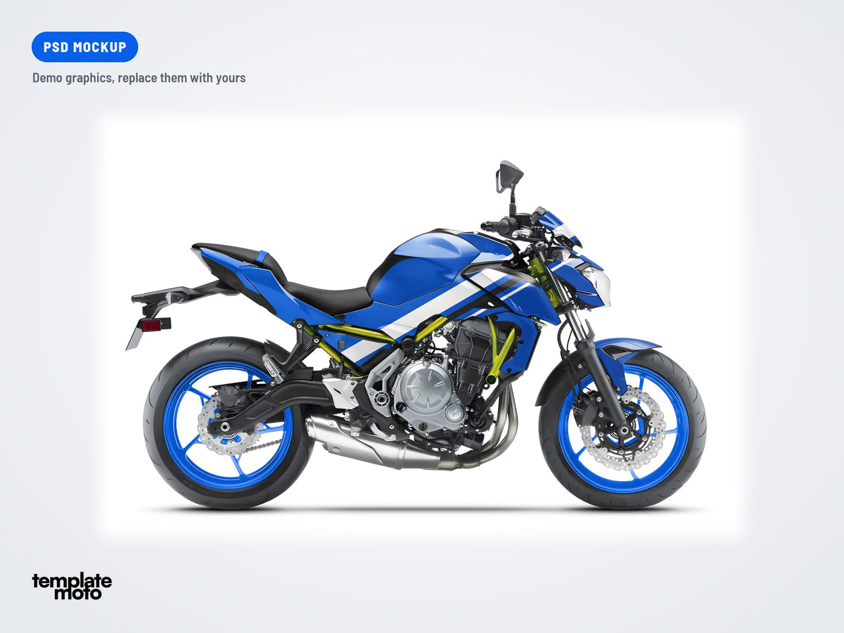 Kawasaki Z 650 2017-2019 PSD mockup with the TemplateMoto demo graphics kit