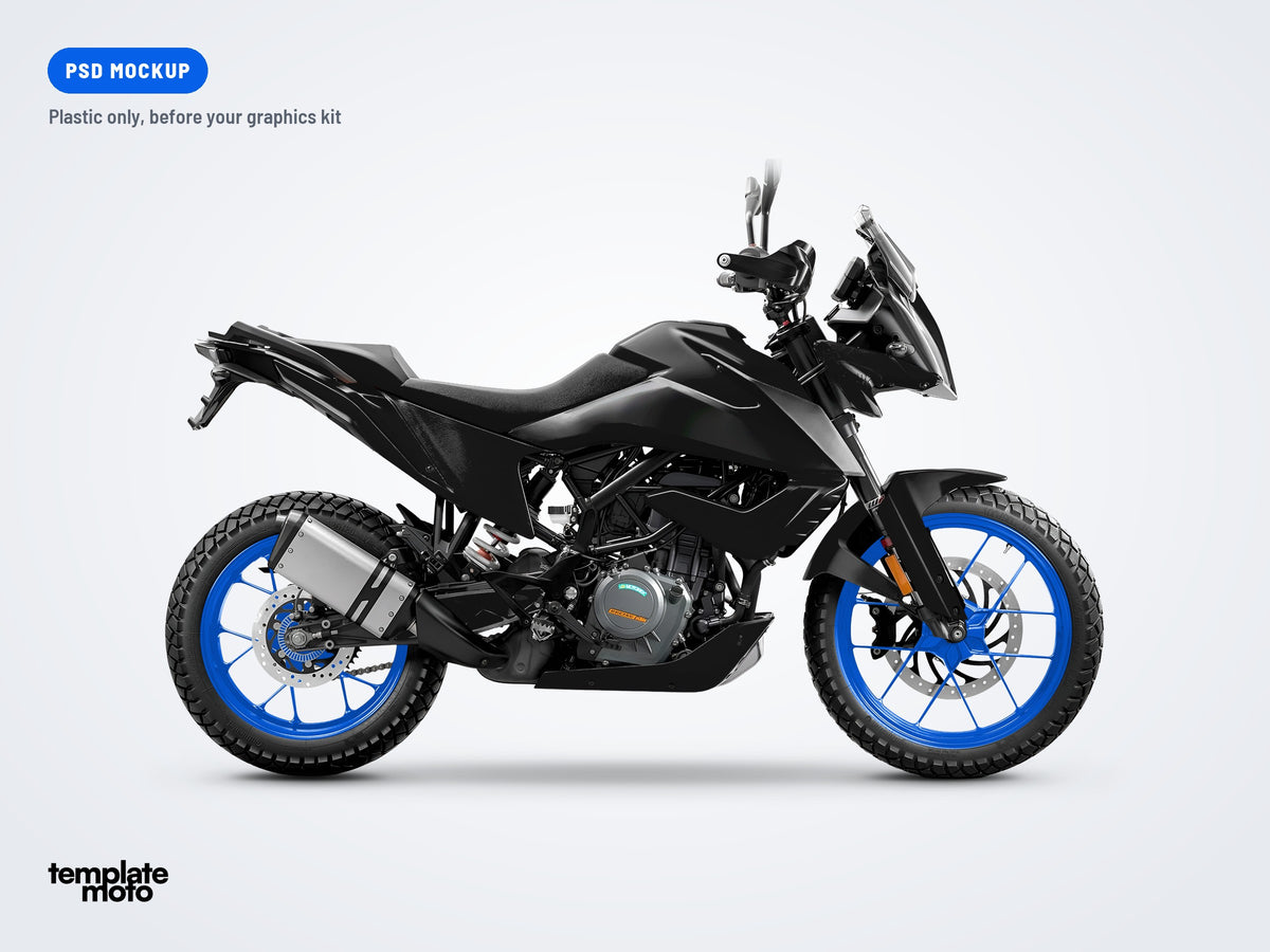 The same KTM 390 Adventure mockup, plastic only, before the graphics kit