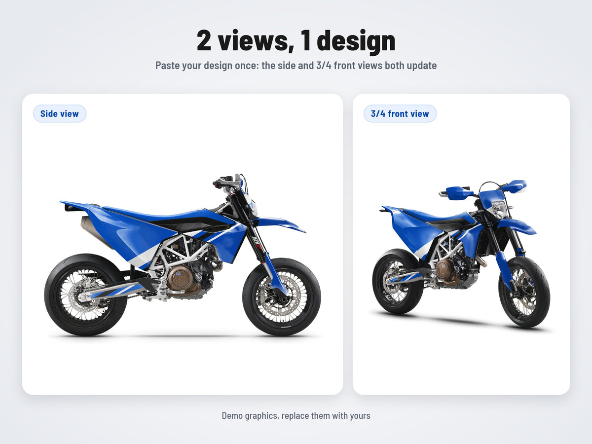 The 2 views of the Husqvarna 701 Supermoto mockup: side and 3/4 front, same design