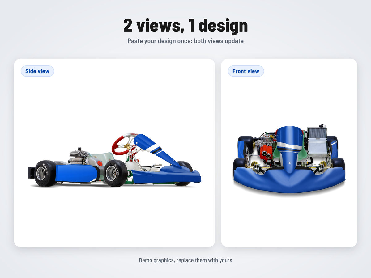 The two views of the Tony Kart M6 mockup, side and front, with the same design