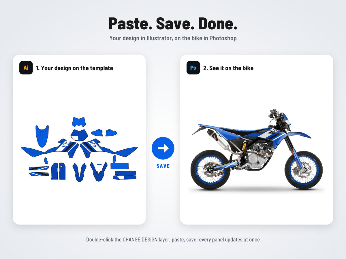 How it works: your design on the flat template in Illustrator, on the bike in Photoshop