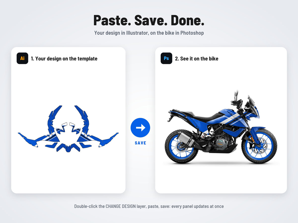 How it works: your design on the flat template in Illustrator, on the bike in Photoshop