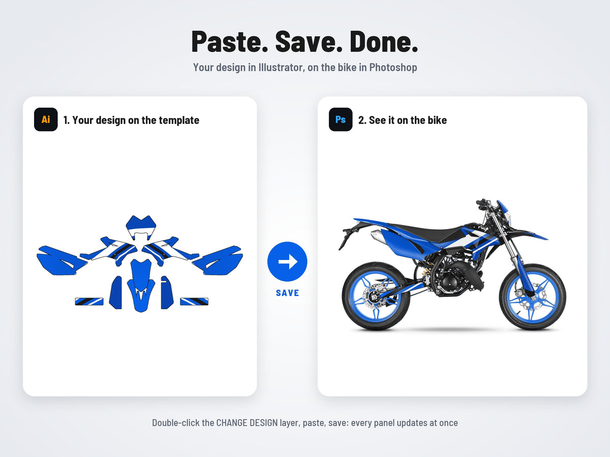 How it works: your design on the flat template in Illustrator, on the bike in Photoshop