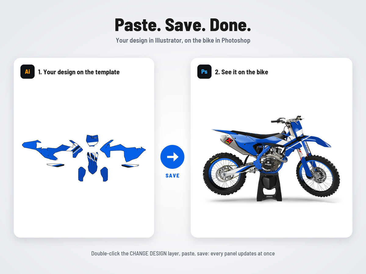 How it works: your design on the flat template in Illustrator, on the bike in Photoshop