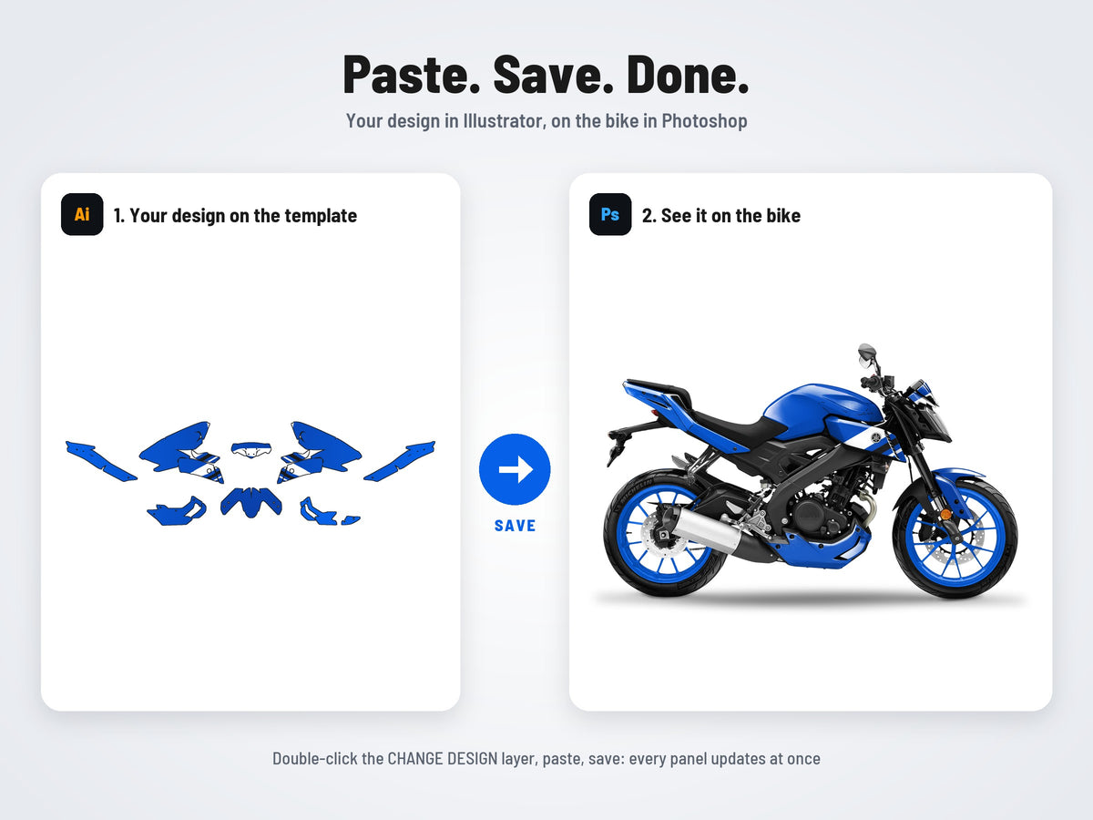 How it works: your design on the flat template in Illustrator, on the bike in Photoshop
