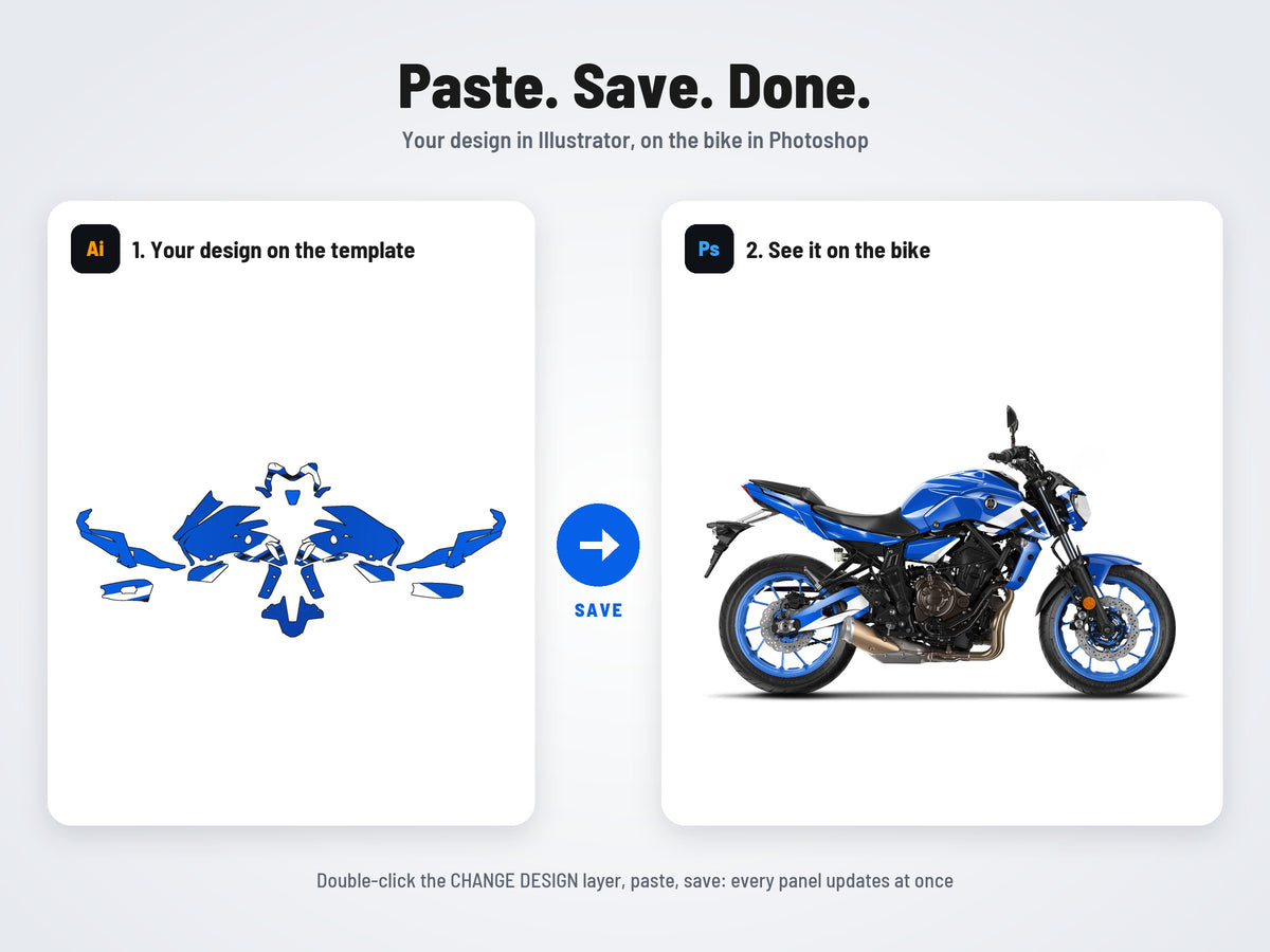 How it works: your design on the flat template in Illustrator, on the bike in Photoshop