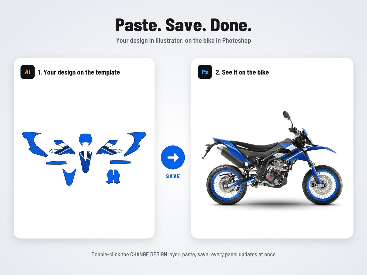 How it works: your design on the flat template in Illustrator, on the bike in Photoshop