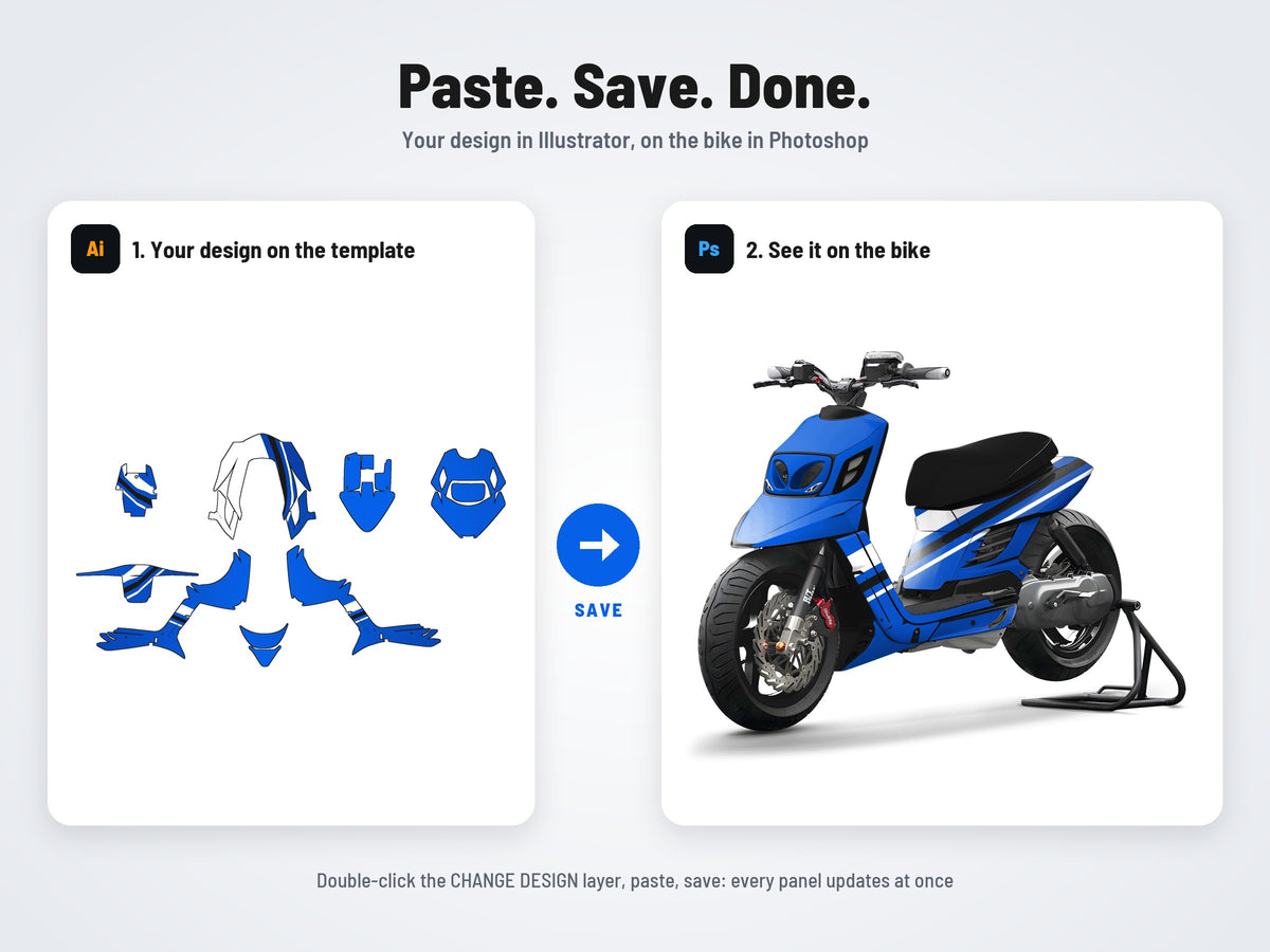 How it works: your design on the flat template in Illustrator, on the bike in Photoshop