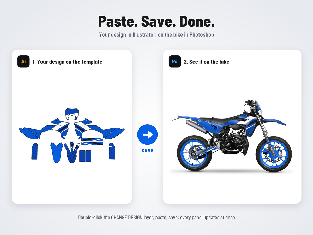 How it works: your design on the flat template in Illustrator, on the bike in Photoshop