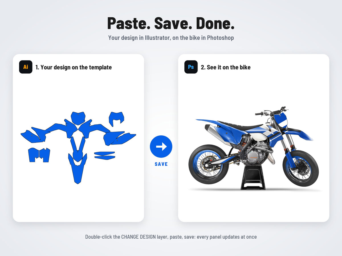 How it works: your design on the flat template in Illustrator, on the bike in Photoshop