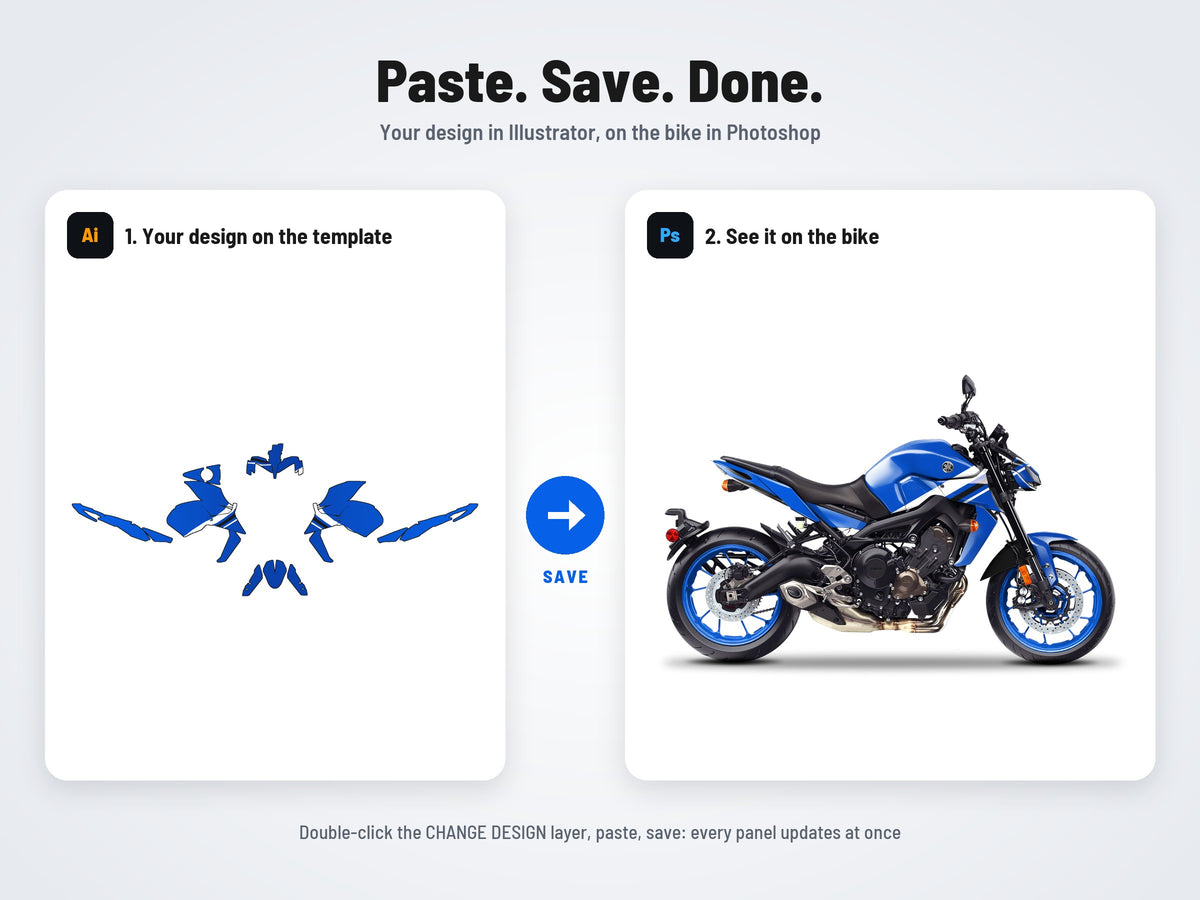 How it works: your design on the flat template in Illustrator, on the bike in Photoshop