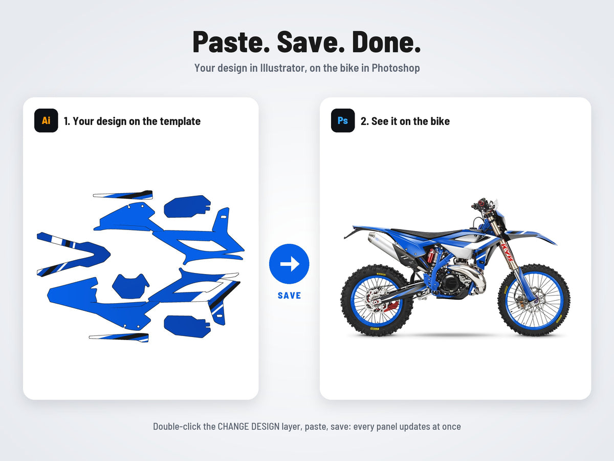 How it works: your design on the flat template in Illustrator, on the bike in Photoshop