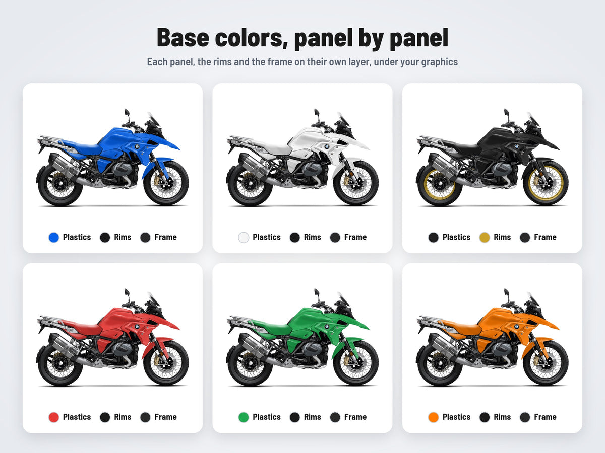 Base colors of the BMW R1250 GS mockup: panels, rims and frame in six combinations