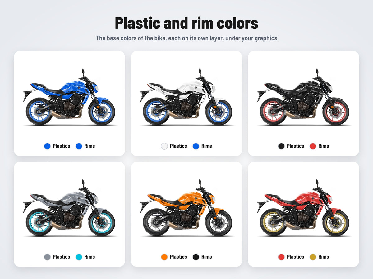 Base colors of the Yamaha MT-07 mockup: plastics and rims in six combinations