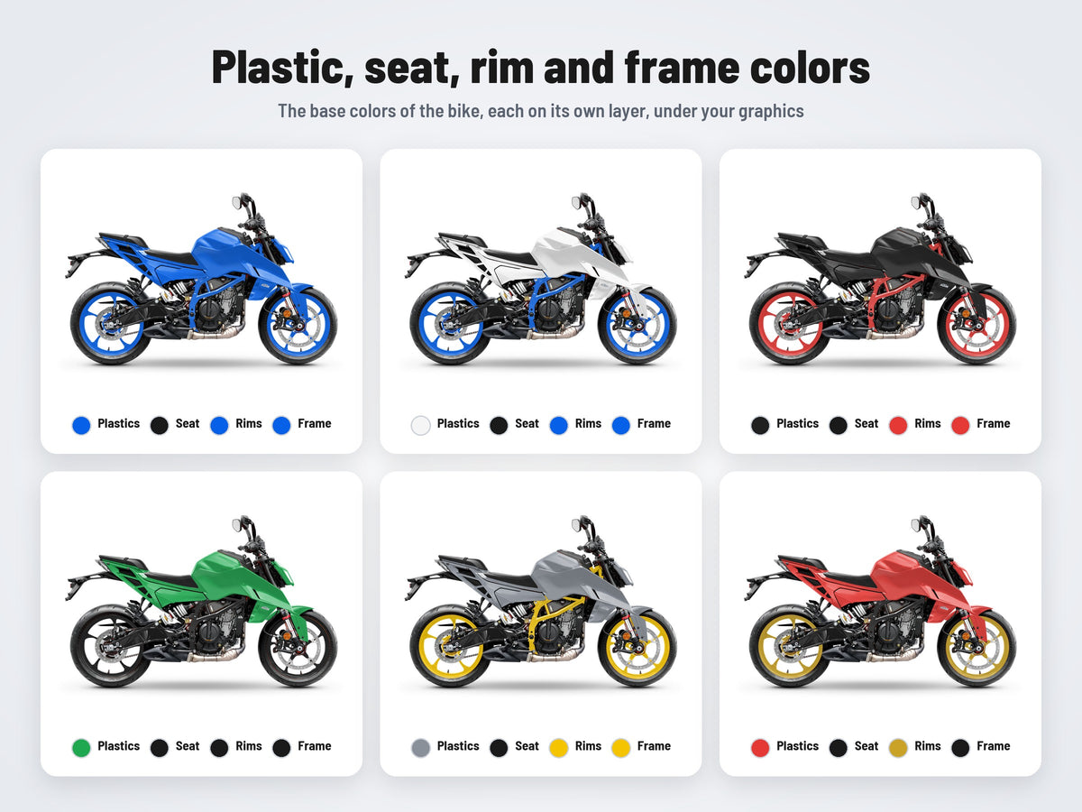 Base colors of the KTM 390 Duke 2024 mockup: plastics, seat, rims and frame in six combinations