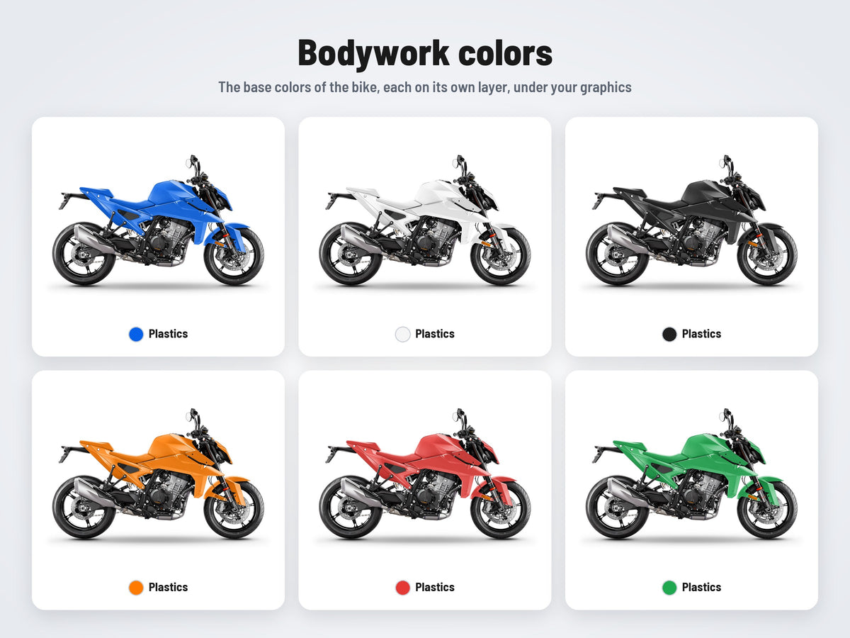Base colors of the KTM 990 Duke mockup in six combinations