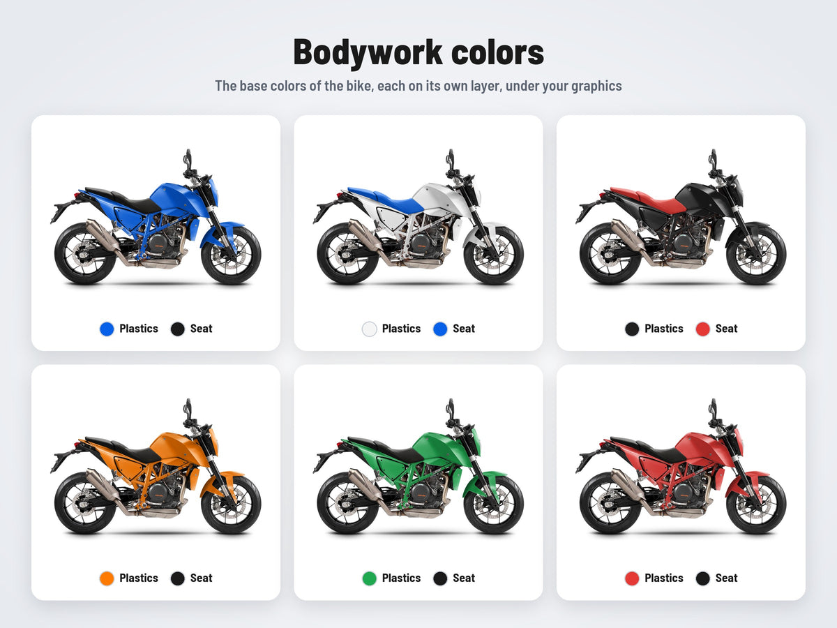 Base colors of the KTM 690 Duke mockup in six combinations