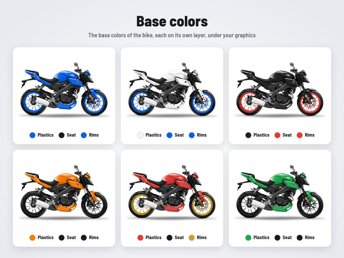 Base colors of the Yamaha MT-125 2020-2024 mockup in six combinations