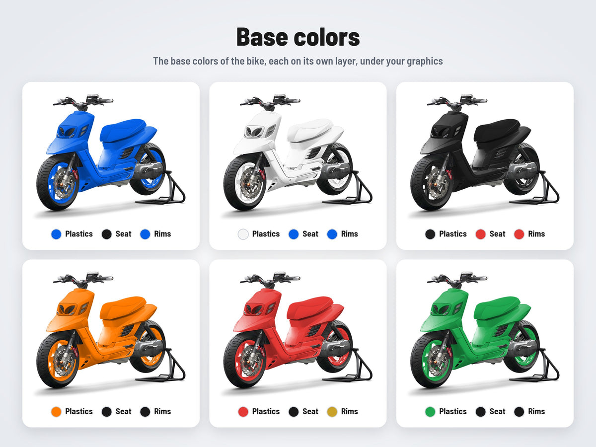 Base colors of the MBK Booster and Yamaha BW's mockup in six combinations