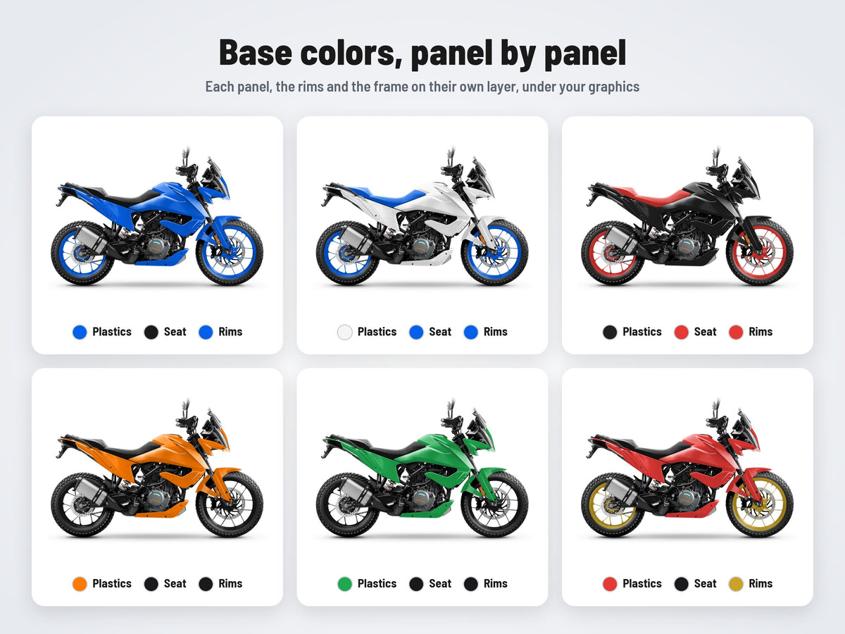 Base colors of the KTM 390 Adventure mockup in six combinations