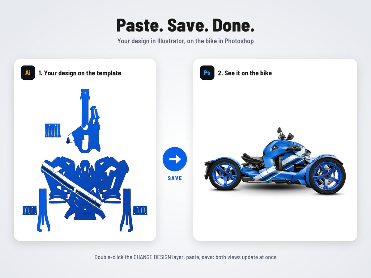 How it works: your design on the flat template in Illustrator, on the bike in Photoshop