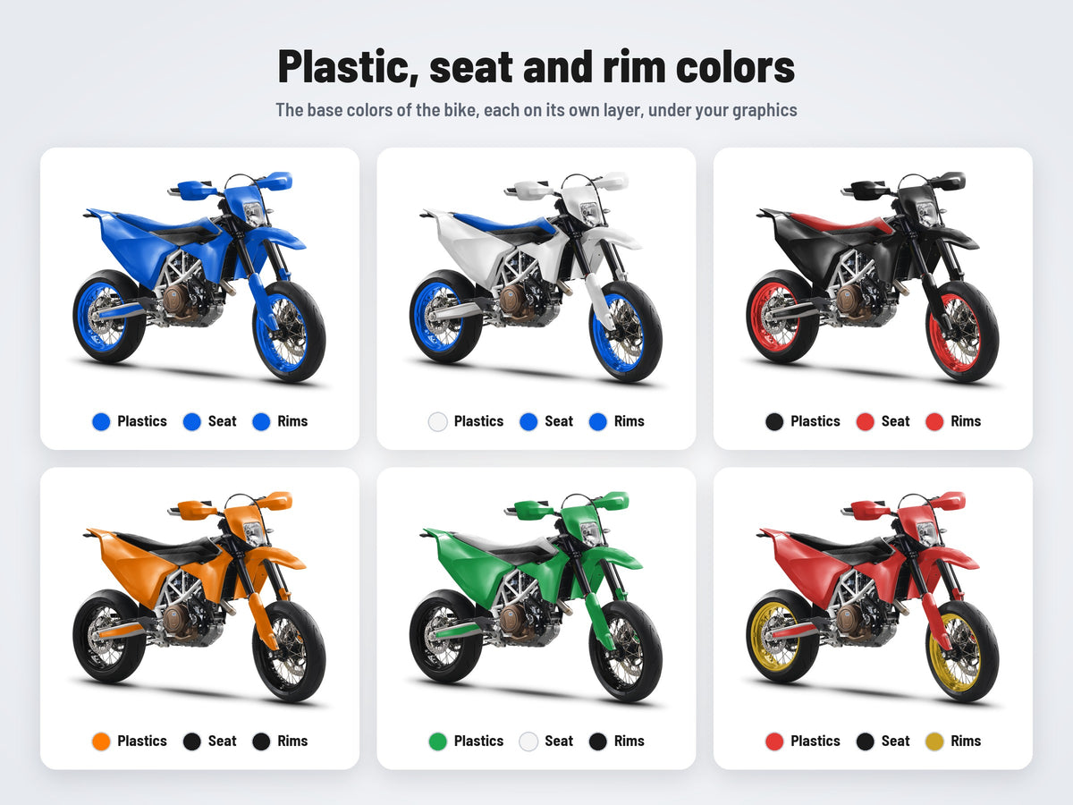 Base colors of the Husqvarna 701 Supermoto mockup: plastics, seat and rims in six combinations