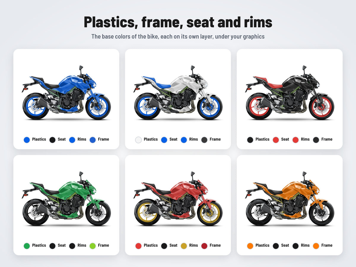 Base colors of the Kawasaki Z900 2020-2023 mockup in six combinations