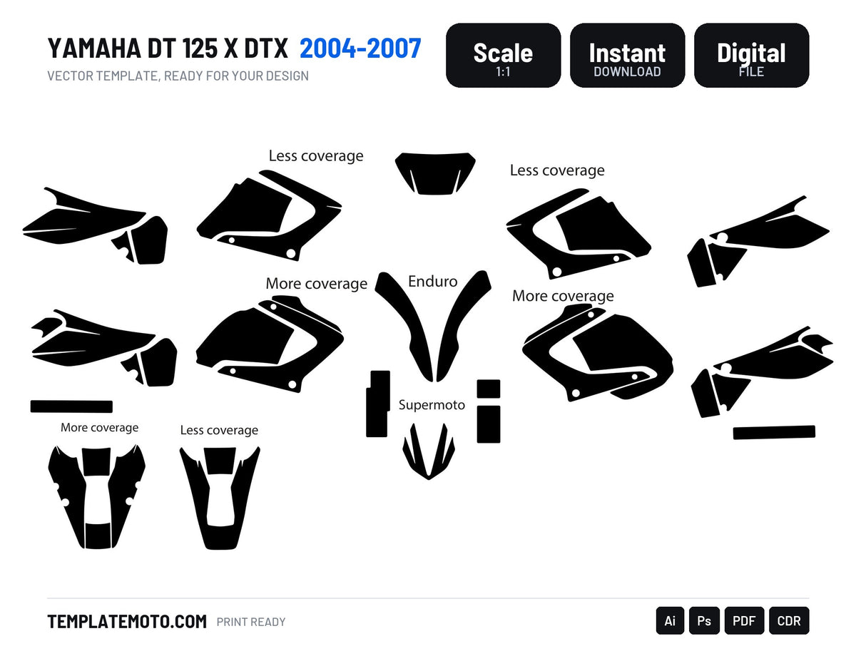 Yamaha DT 125 X DTX DTR 2004-2007 graphics template, scale 1:1 vector file