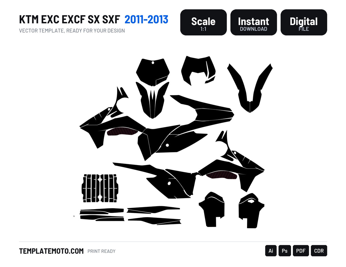 KTM EXC EXCF SX SXF 2011-2013 graphics template, scale 1:1 vector file