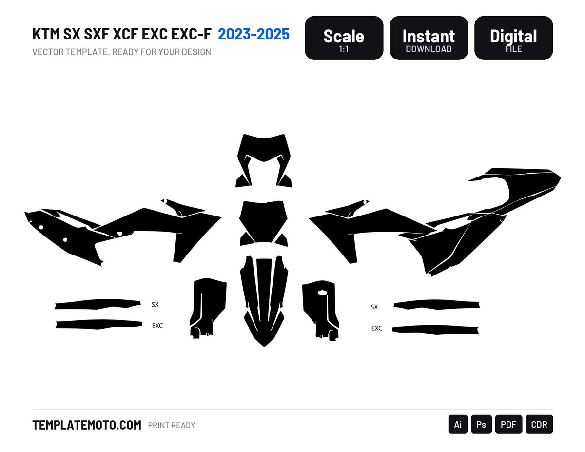 KTM SX SXF XCF EXC EXC-F 2023-2025 graphics template, scale 1:1 vector file, SX and EXC variants