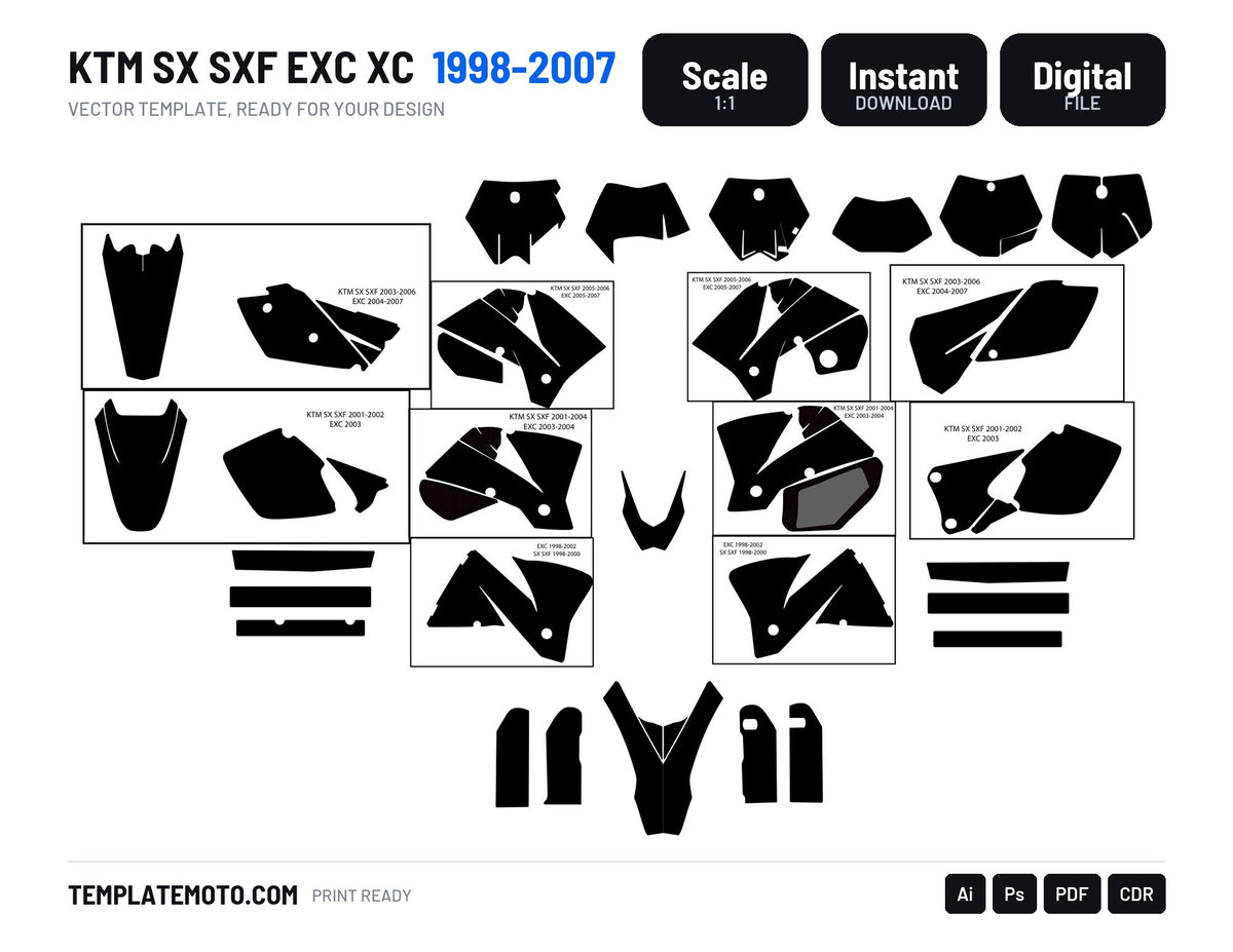 KTM SX SXF EXC XC XCF 1998-2007 all models graphics template, scale 1:1 vector file