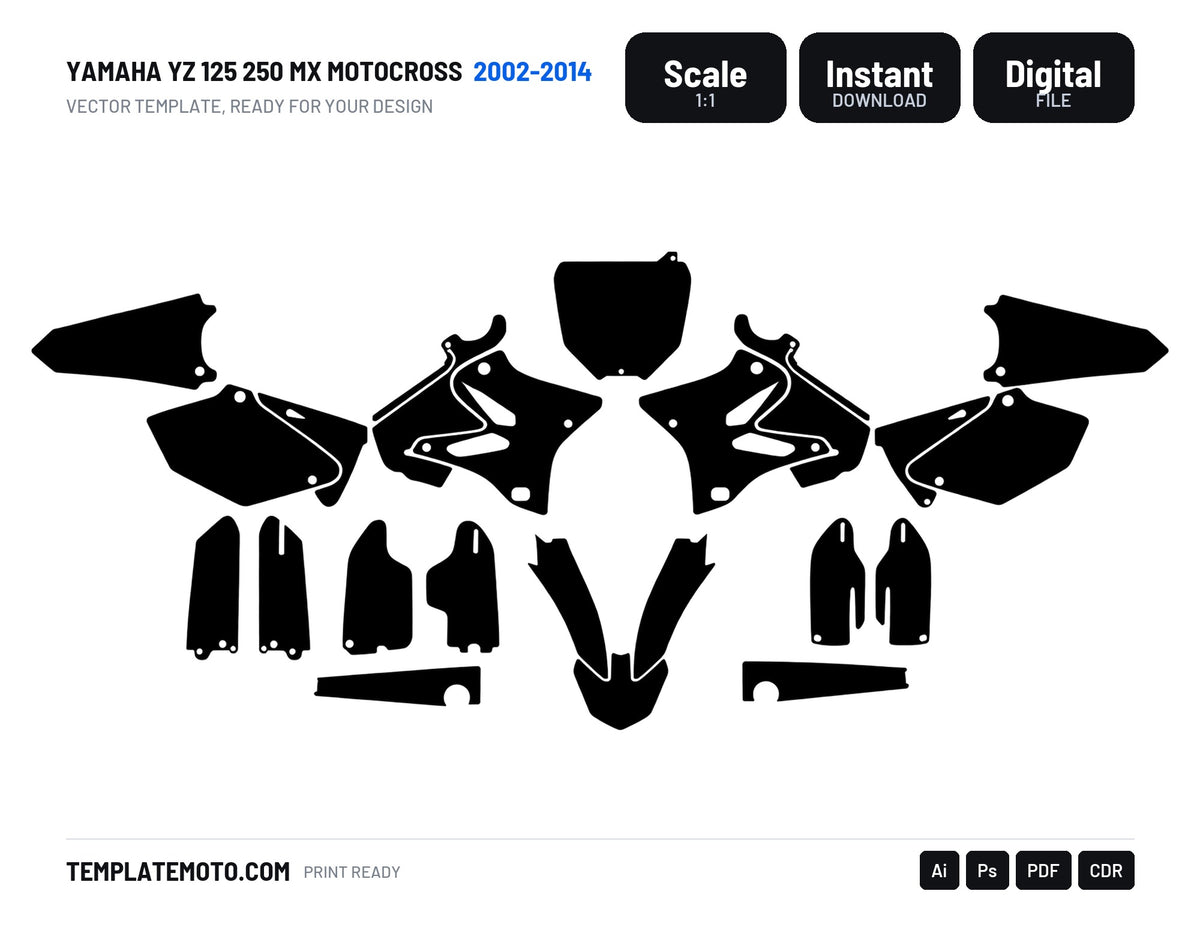 Yamaha YZ 125 250 MX Motocross 2002-2014 Graphics Template, scale 1:1 vector file