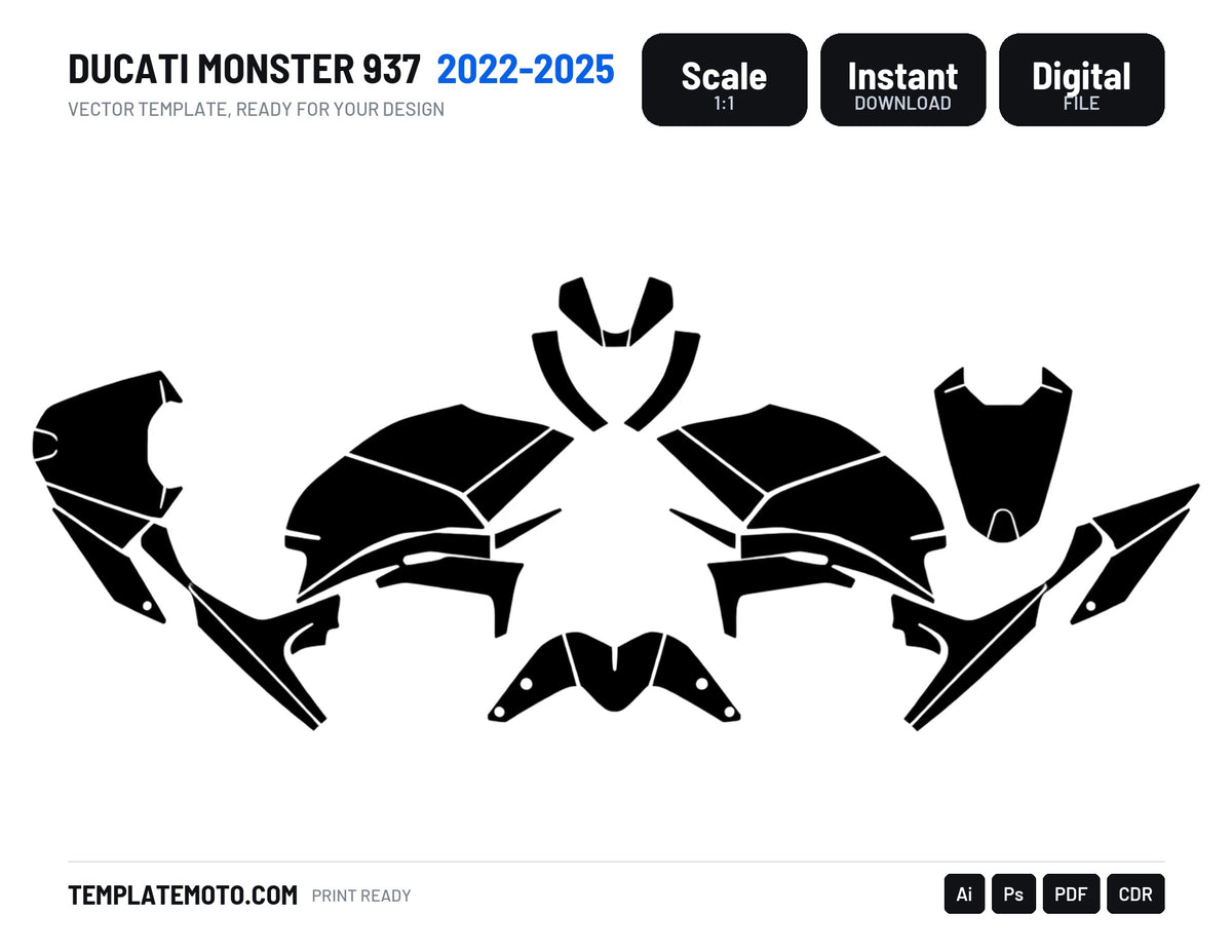 DUCATI MONSTER 937 2022-2025 Graphics Template Vector, scale 1:1 vector file