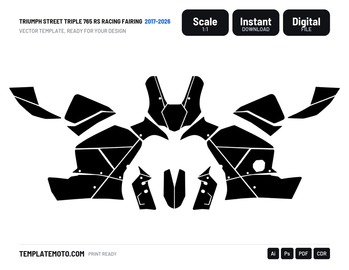 TRIUMPH STREET TRIPLE 765 RS Racing fairing 2017-2026 Graphics Template Vector, scale 1:1 vector file