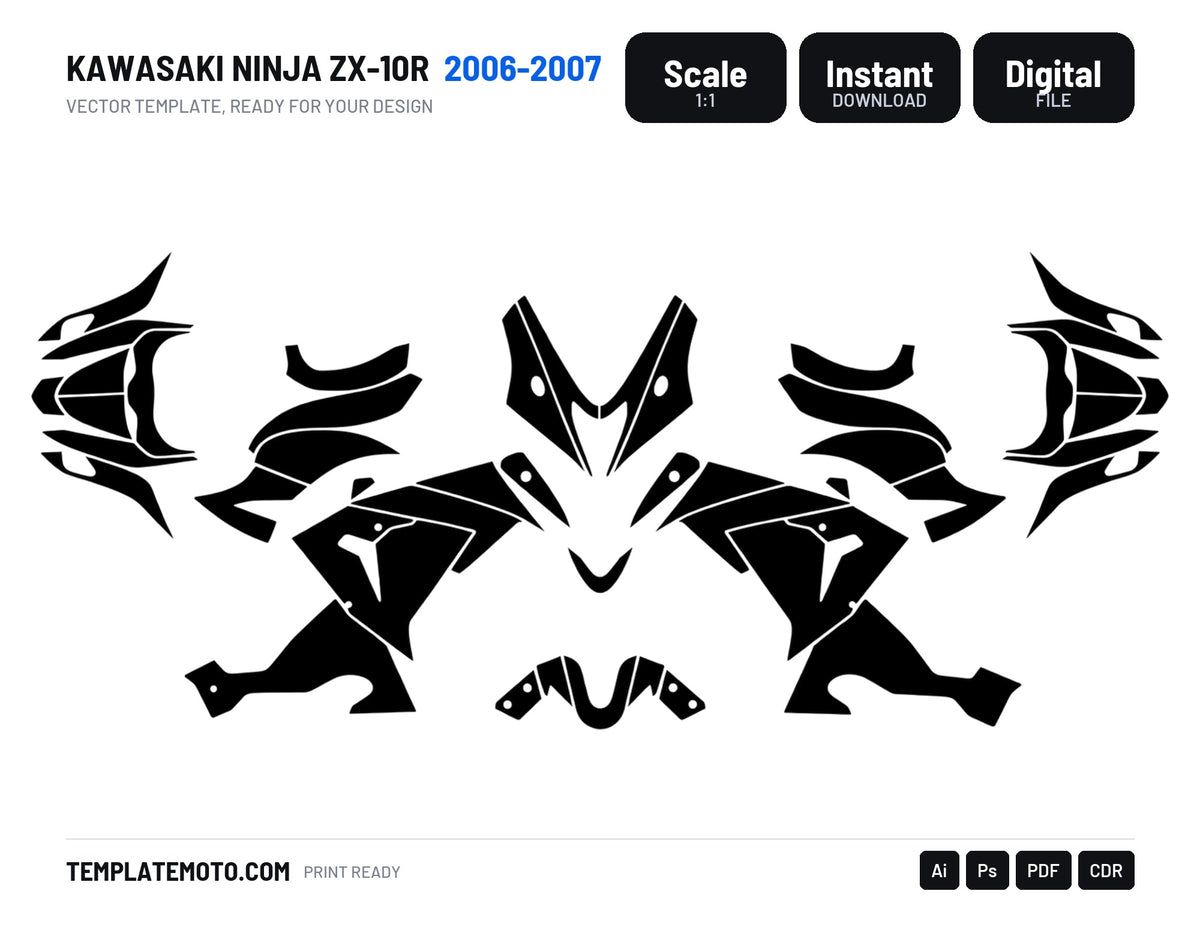 KAWASAKI NINJA ZX-10R 2006-2007 Graphics Template Vector, scale 1:1 vector file