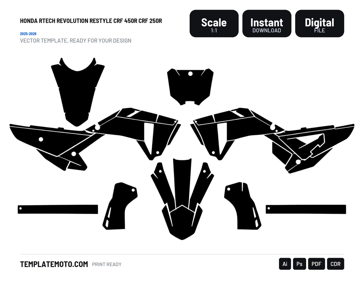 HONDA Rtech Revolution Restyle CRF 450R CRF 250R 2025 2026 Graphics Template Vector, scale 1:1 vector file