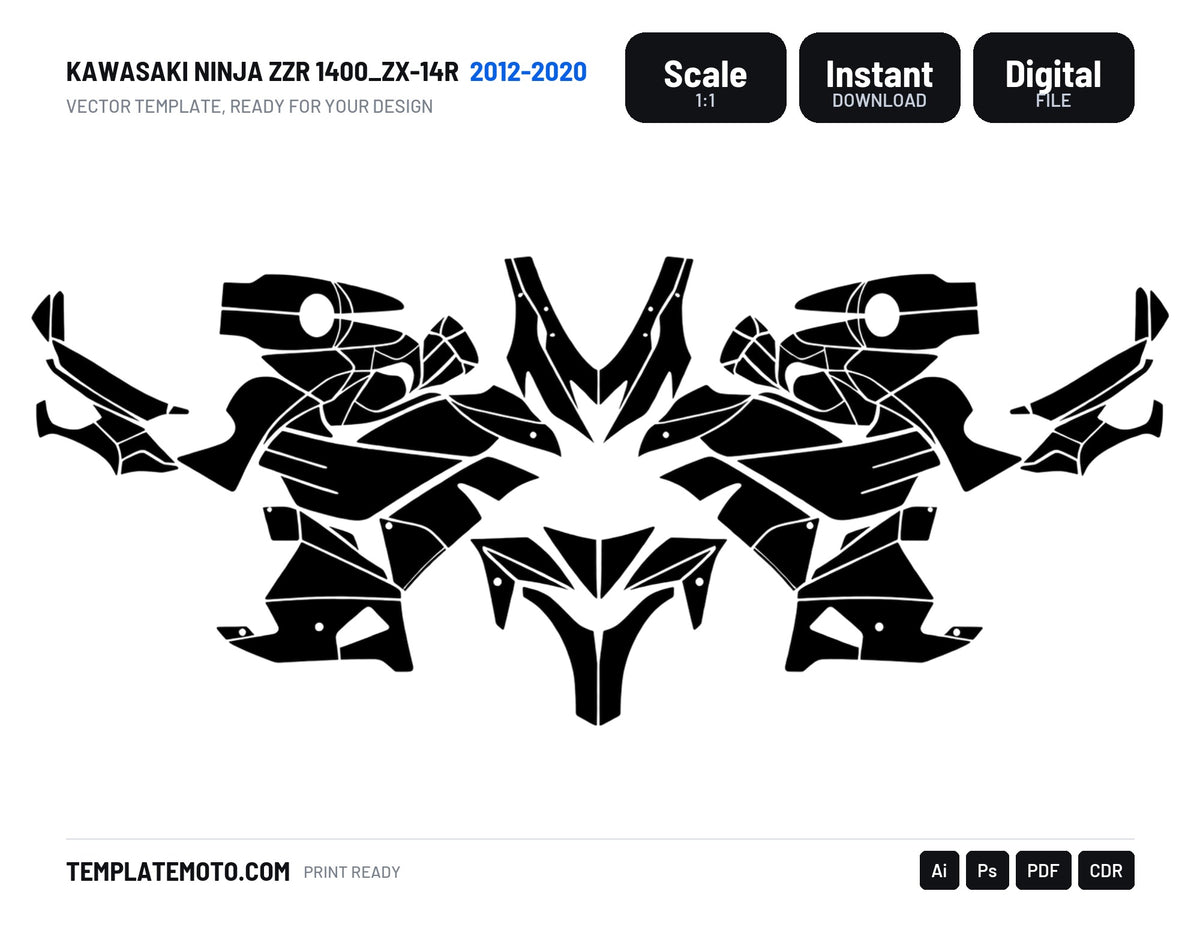 KAWASAKI NINJA ZZR 1400_ZX-14R 2012-2020 Graphics Template Vector, scale 1:1 vector file