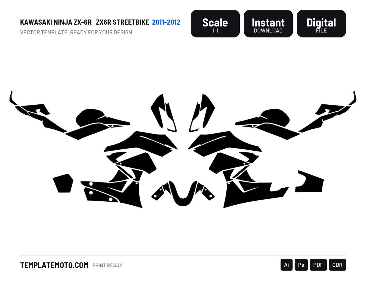 KAWASAKI NINJA ZX-6R 2011-2012 ZX6R Streetbike Graphics Template Vector, scale 1:1 vector file