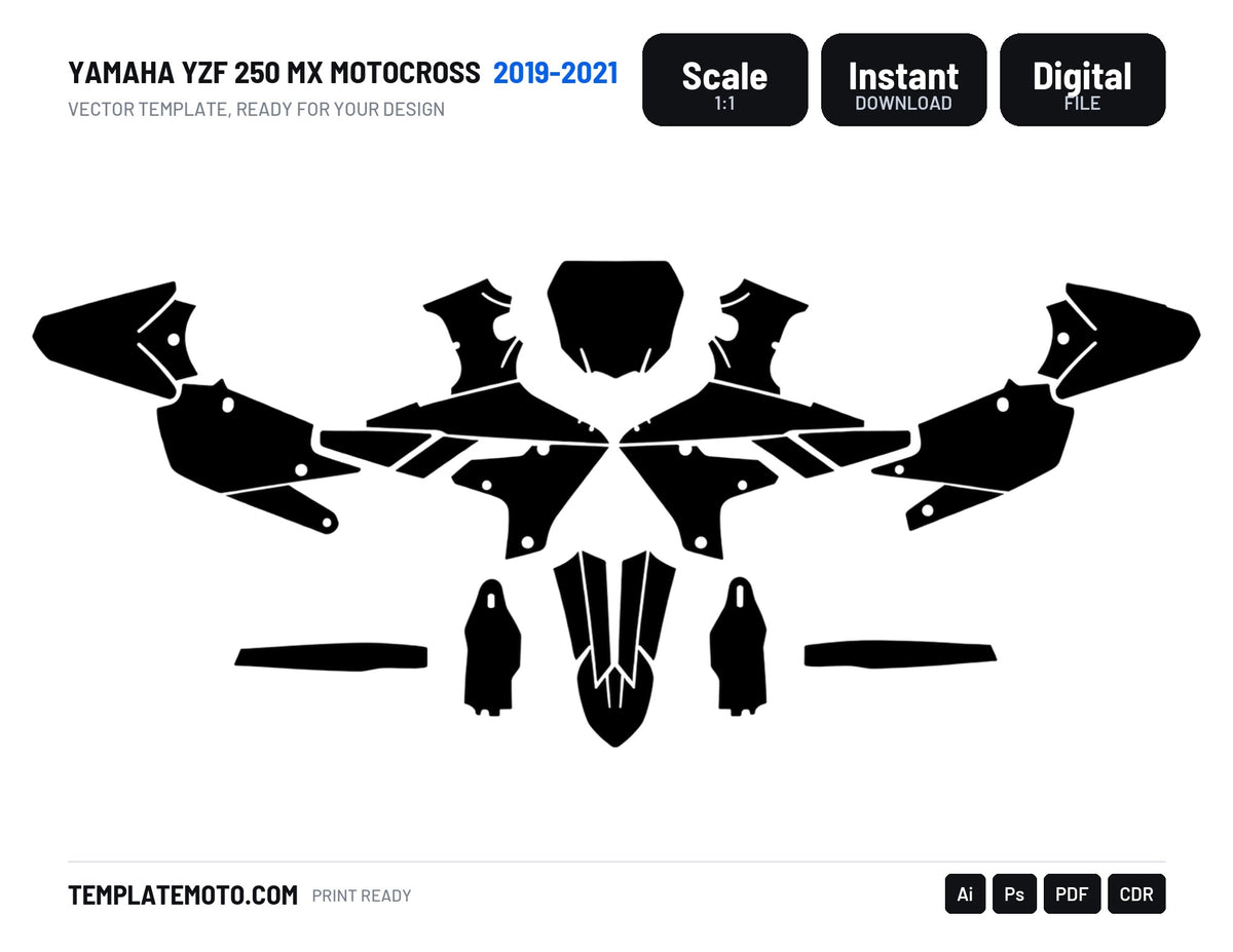Yamaha YZF 250 MX Motocross 2019 2020 2021 Graphics Template, scale 1:1 vector file