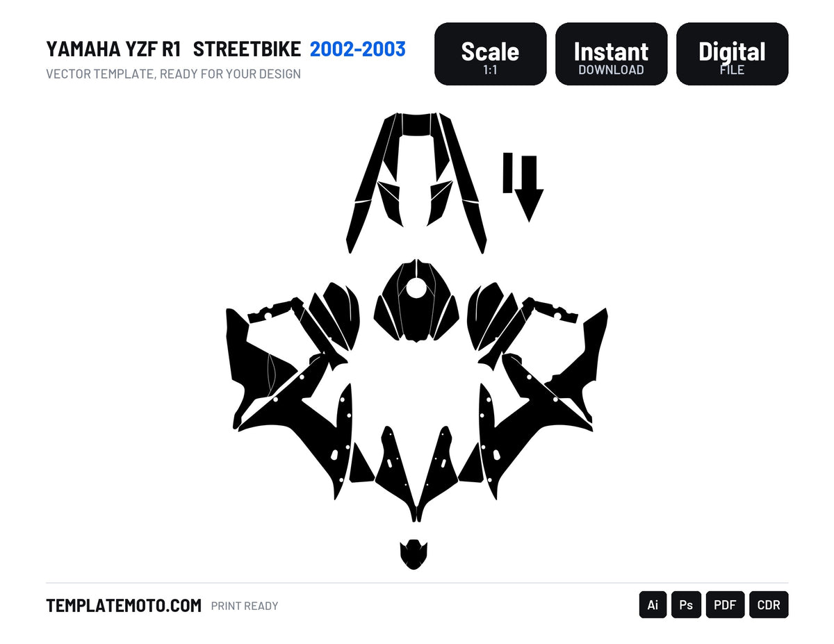 Yamaha YZF R1 2002-2003 Streetbike Graphics Template Vector, scale 1:1 vector file