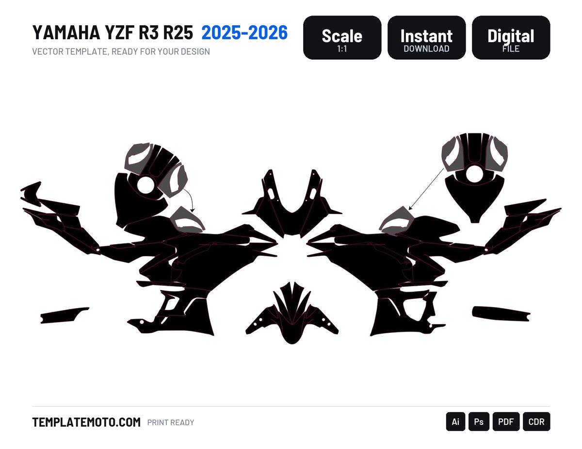 Yamaha YZF R3 R25 2025-2026 graphics template, scale 1:1 vector file