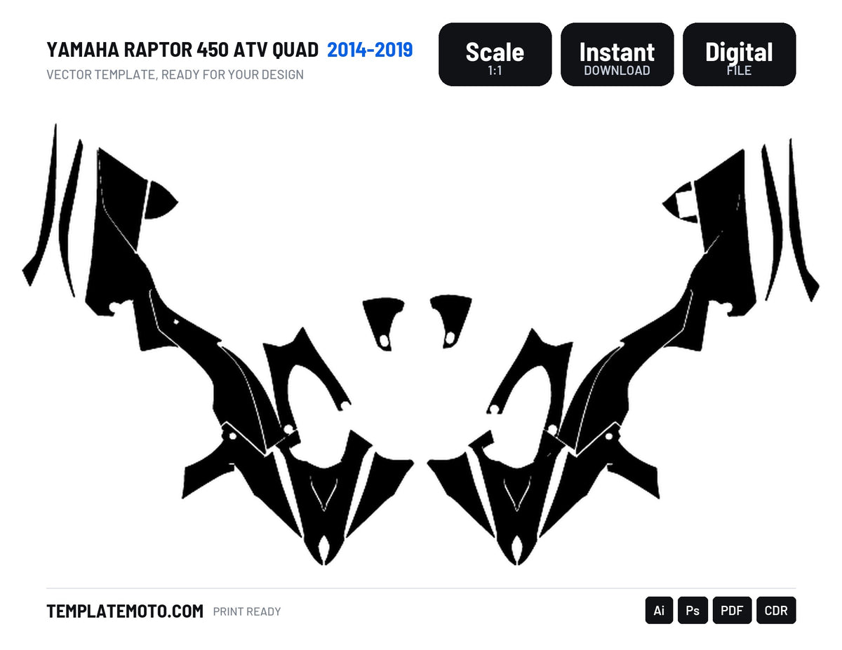YAMAHA RAPTOR 450 ATV QUAD 2014 2015 2016 2017 2018 2019 Graphics Template Vector, scale 1:1 vector file