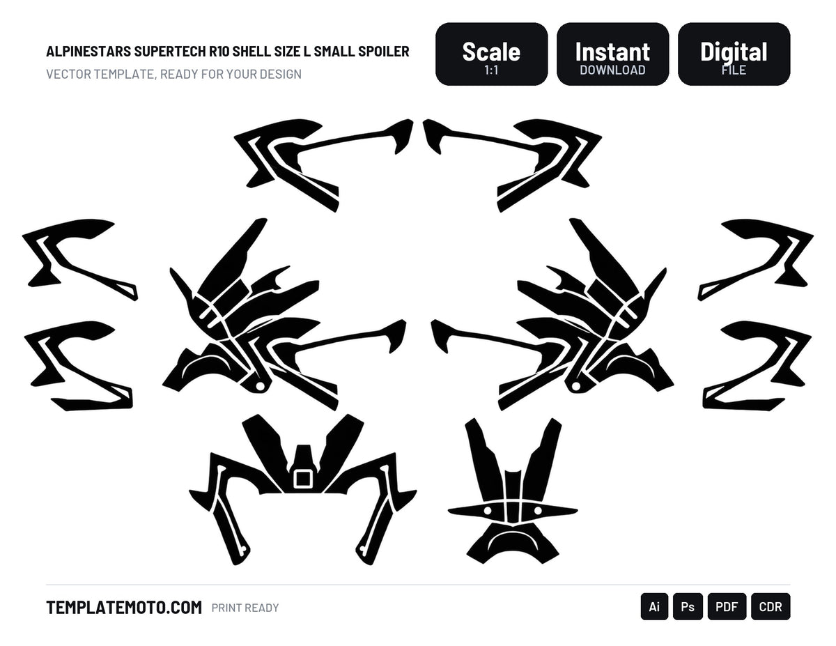 ALPINESTARS SUPERTECH R10 SHELL SIZE L SMALL SPOILER Graphics Template Vector, scale 1:1 vector file