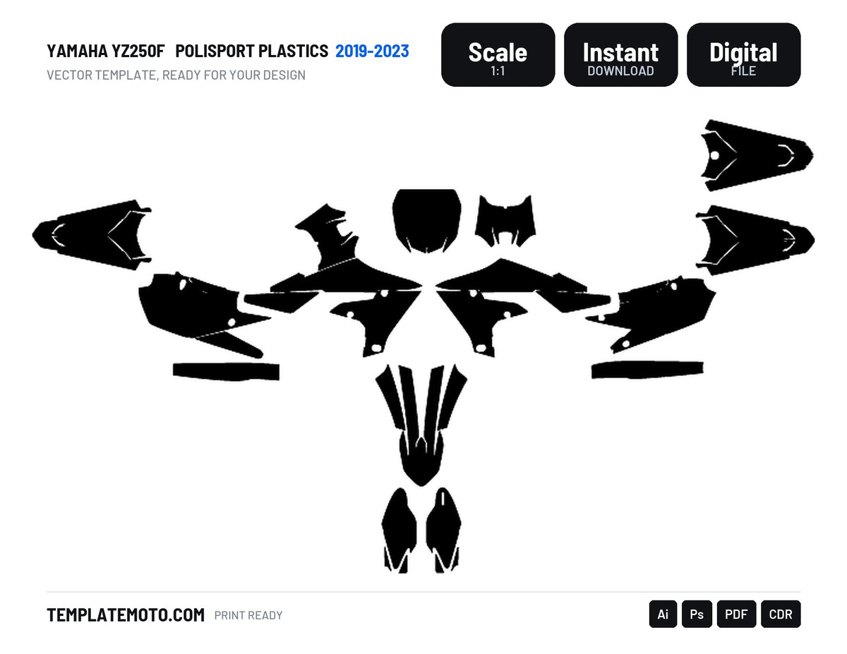 YAMAHA YZ250F 2019-2023 POLISPORT PLASTICS Graphics Template Vector, scale 1:1 vector file